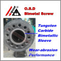 Tungsten carbide extruder screw barrel with bimetallic sleeve